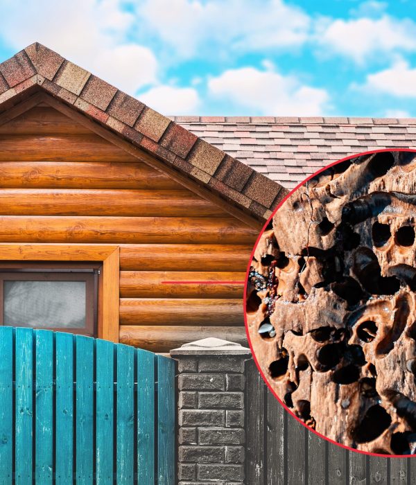Wooden New House Behind The Fence. The Result Before And After The Treatment Of The Tree With Insect Repellent. The Concept Of Protecting Wooden Buildings From Bark Beetles